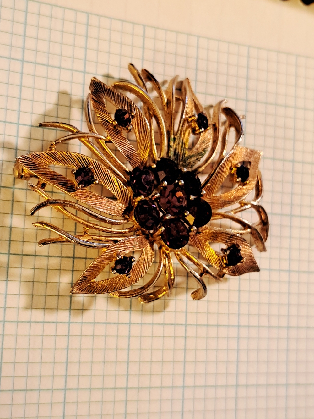 Gold-Tone Floral Brooch Pin with Deep Purple Crystals